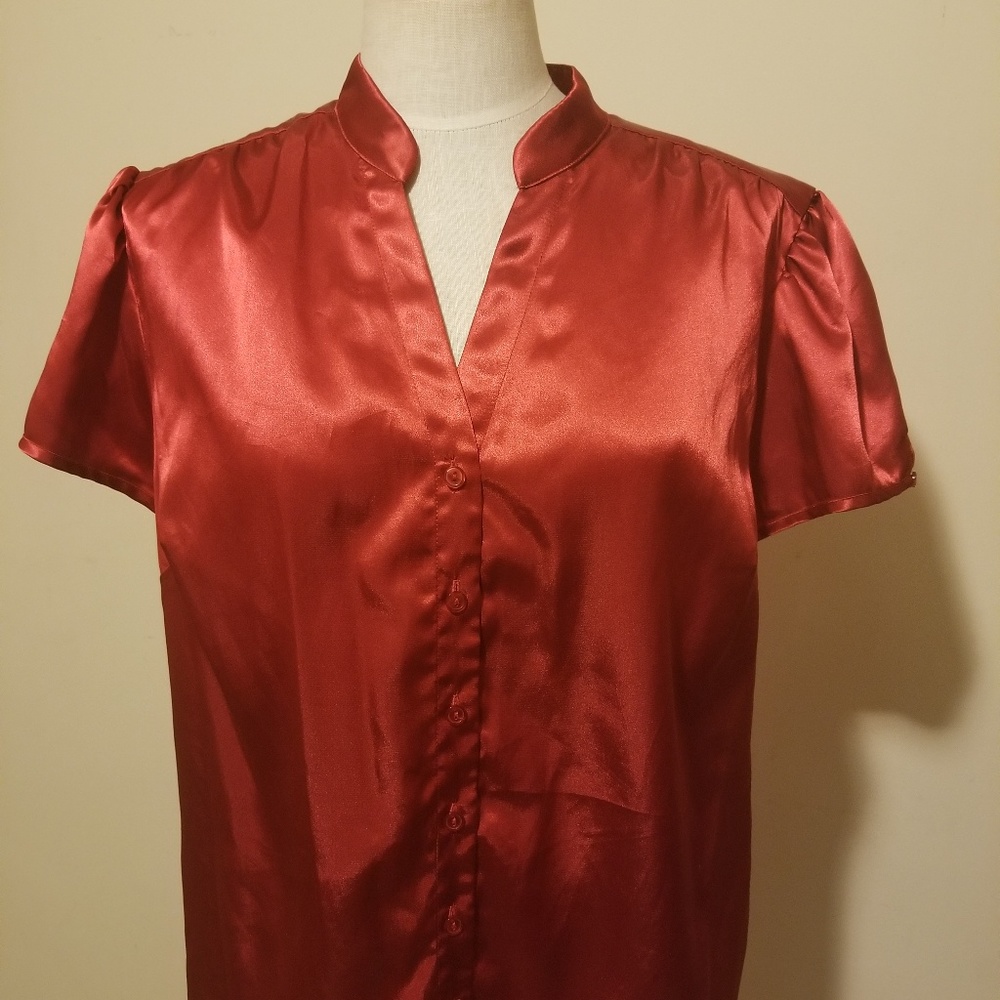 Silky polyester button down red blouse